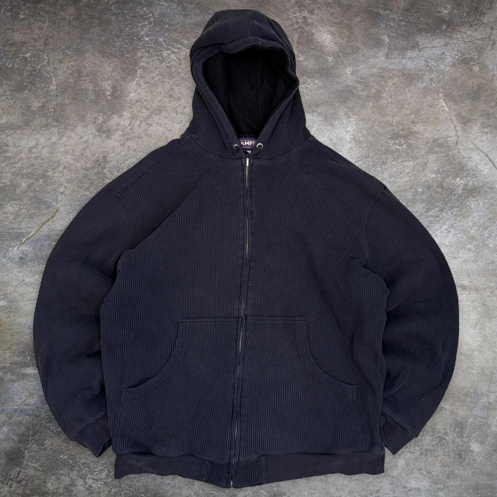 Vintage Champs Faded Black Distressed Thermal Reversible Hoodie Men's XXL Y2K